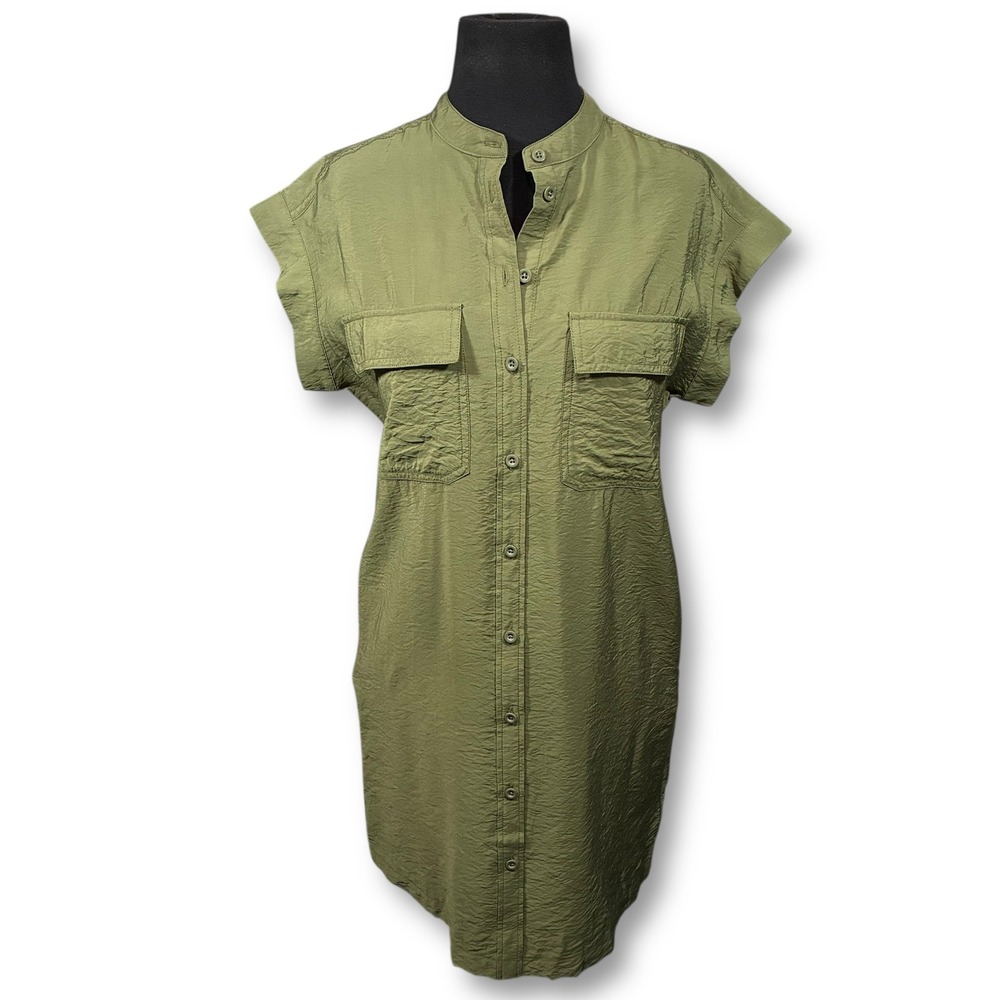 NWT GAP Olive Green Utility Shirt Dress Button Front Short Sleeve Women's XS